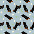 Pattern of small black dogs with brown accents on a light blue background with white flowers and green bows.