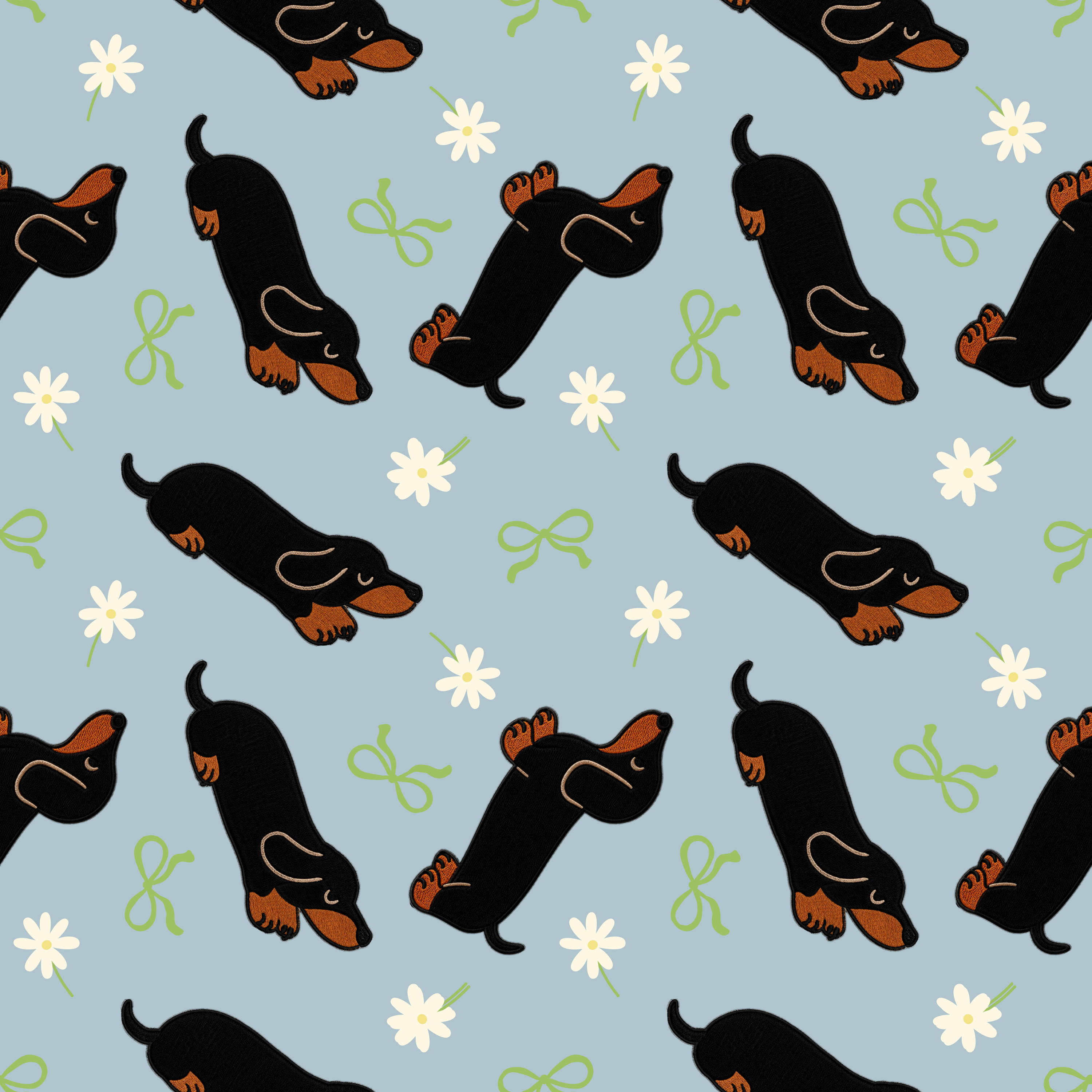Pattern of small black dogs with brown accents on a light blue background with white flowers and green bows.