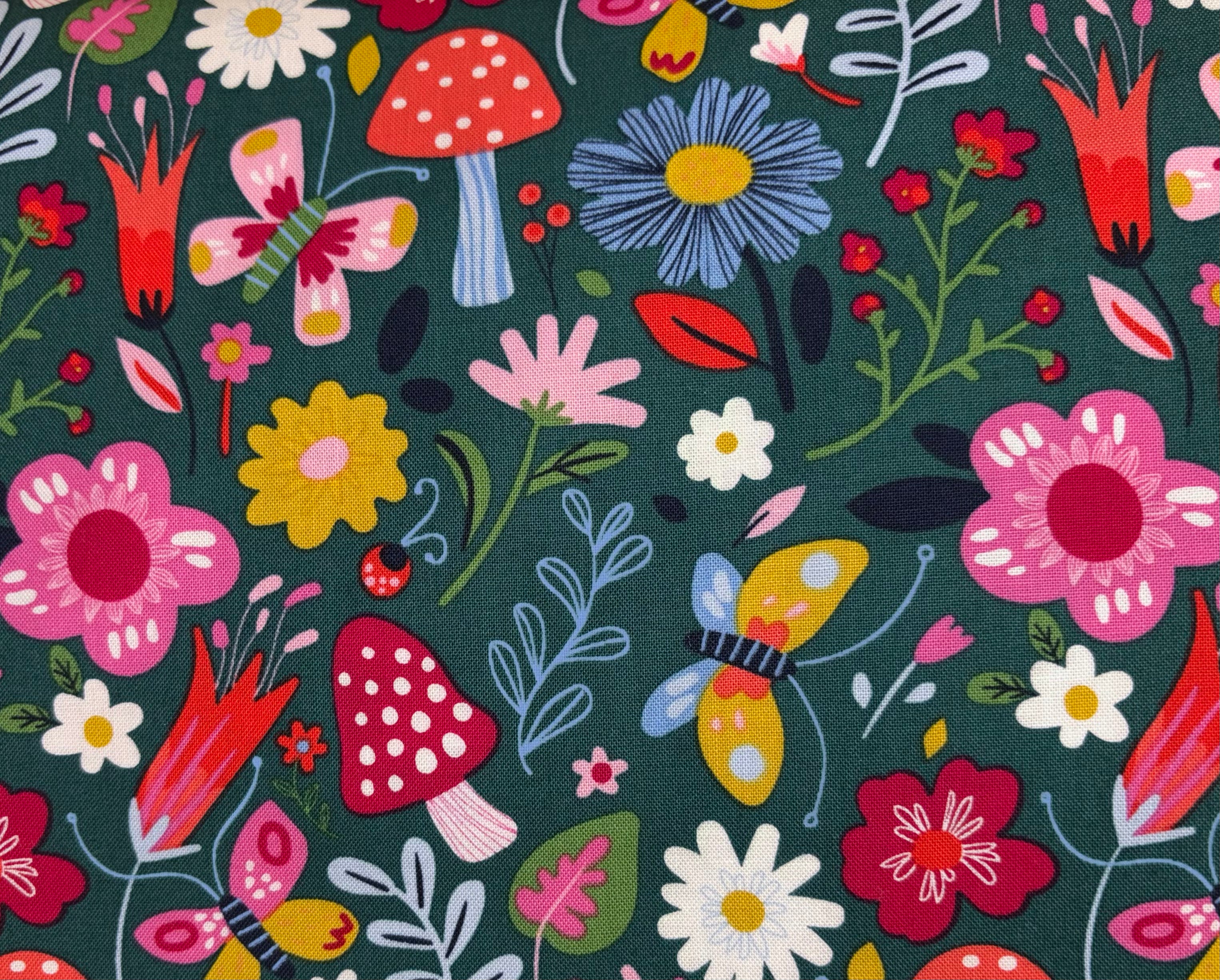 Multi Colored Floral/ Mushroom on Green